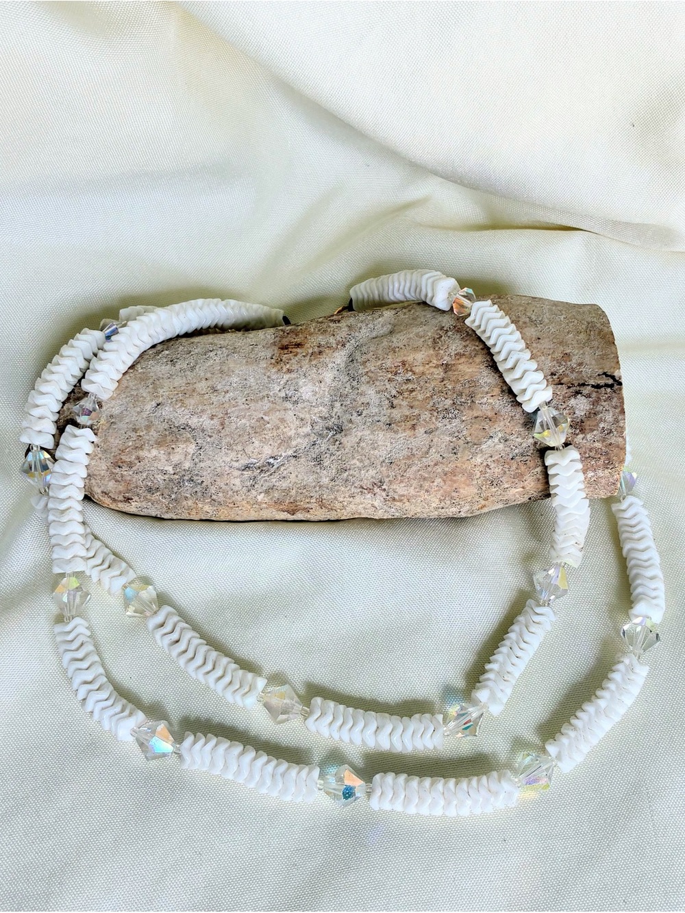 Ruffled White milk glass beaded necklace with Aurora Borealis beads